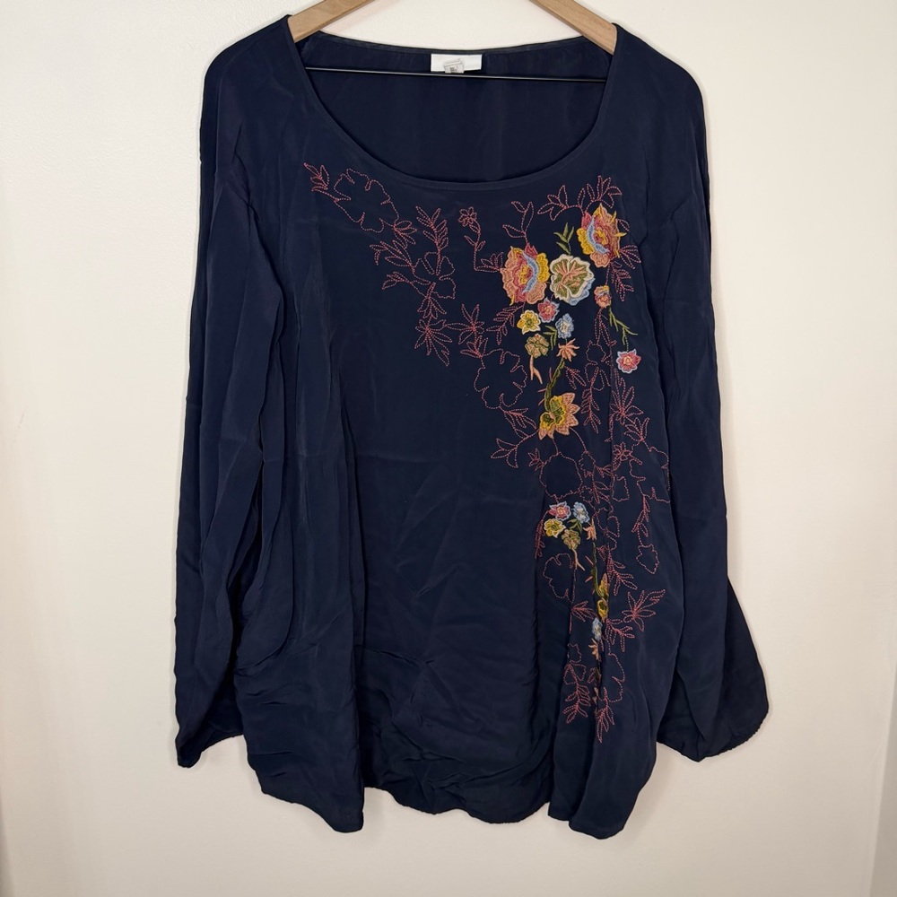 J.Jill Blouse Navy Embroidered Flower Women's Size 4XL Office Peasant Boho Flowy